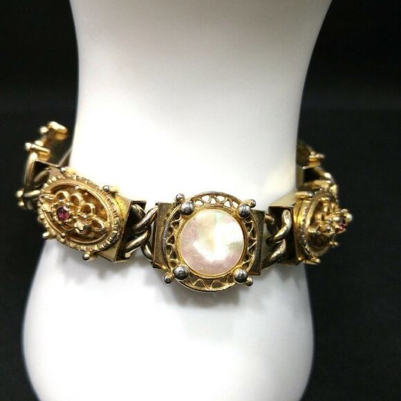 Vintage Mother of Pearl Rhinestone Box Style Link Bracelet, Distressed, 1950s - Picture 1 of 11